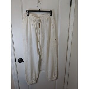 Love Tree Women Off White Linen Blend Cargo Joggers Pants Large NWT